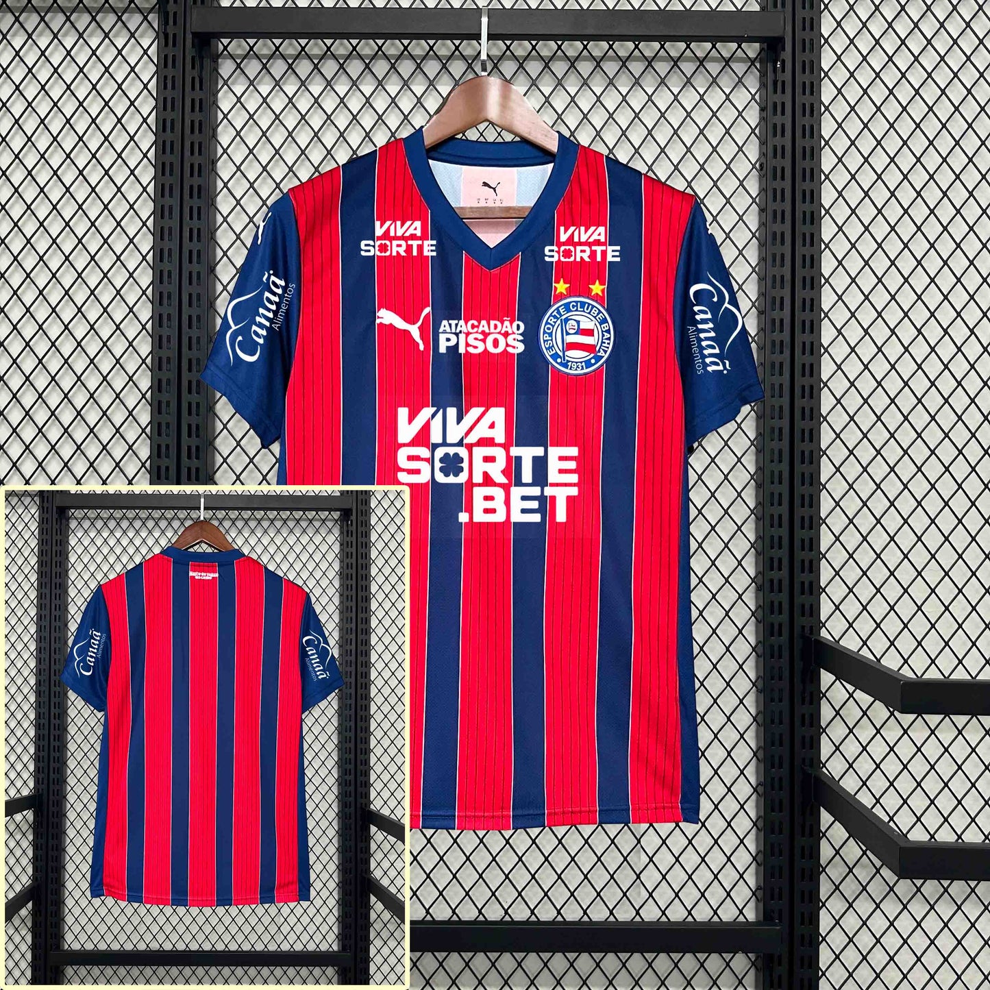 Camisola EC Bahia 2025-26 Alternativa Vermelha/Riscas Versão Adepto Todos Patrocinadores