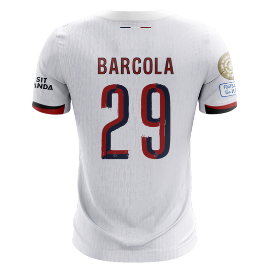 Camisola FC Paris Saint-Germain 2025-26 Alternativa Branca CWC Versão Adepto BARCOLA #29
