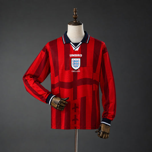 Camisola Manga Comprida Inglaterra 1998 Alternativa Vermelha Versão Adepto