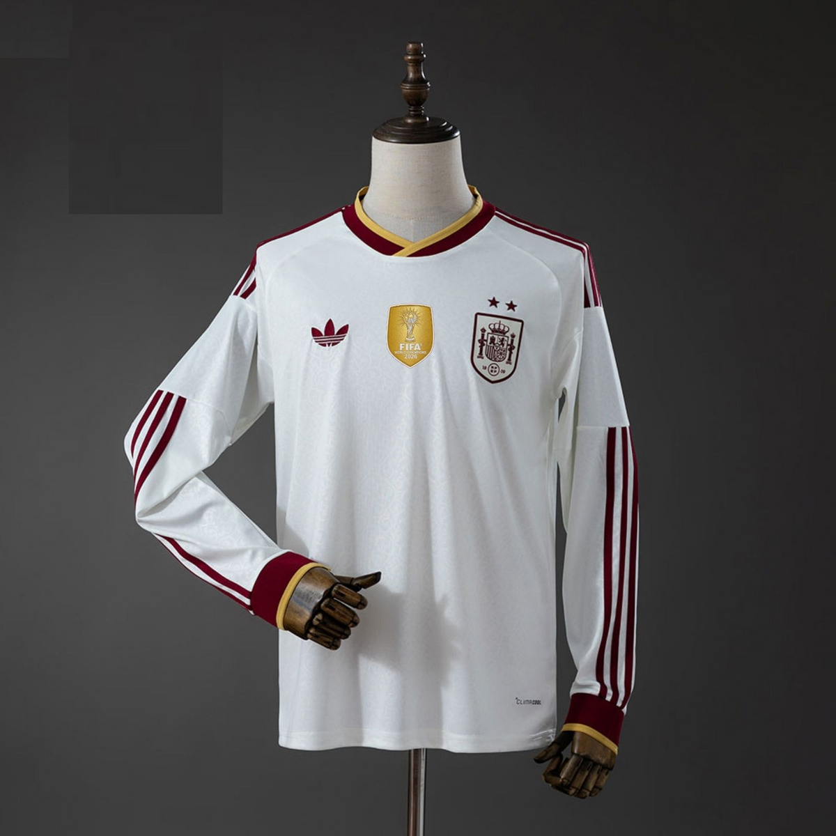 Camisola Manga Comprida Espanha 2026 Alternativa Branca 2 Estrelas Campeão Versão Adepto