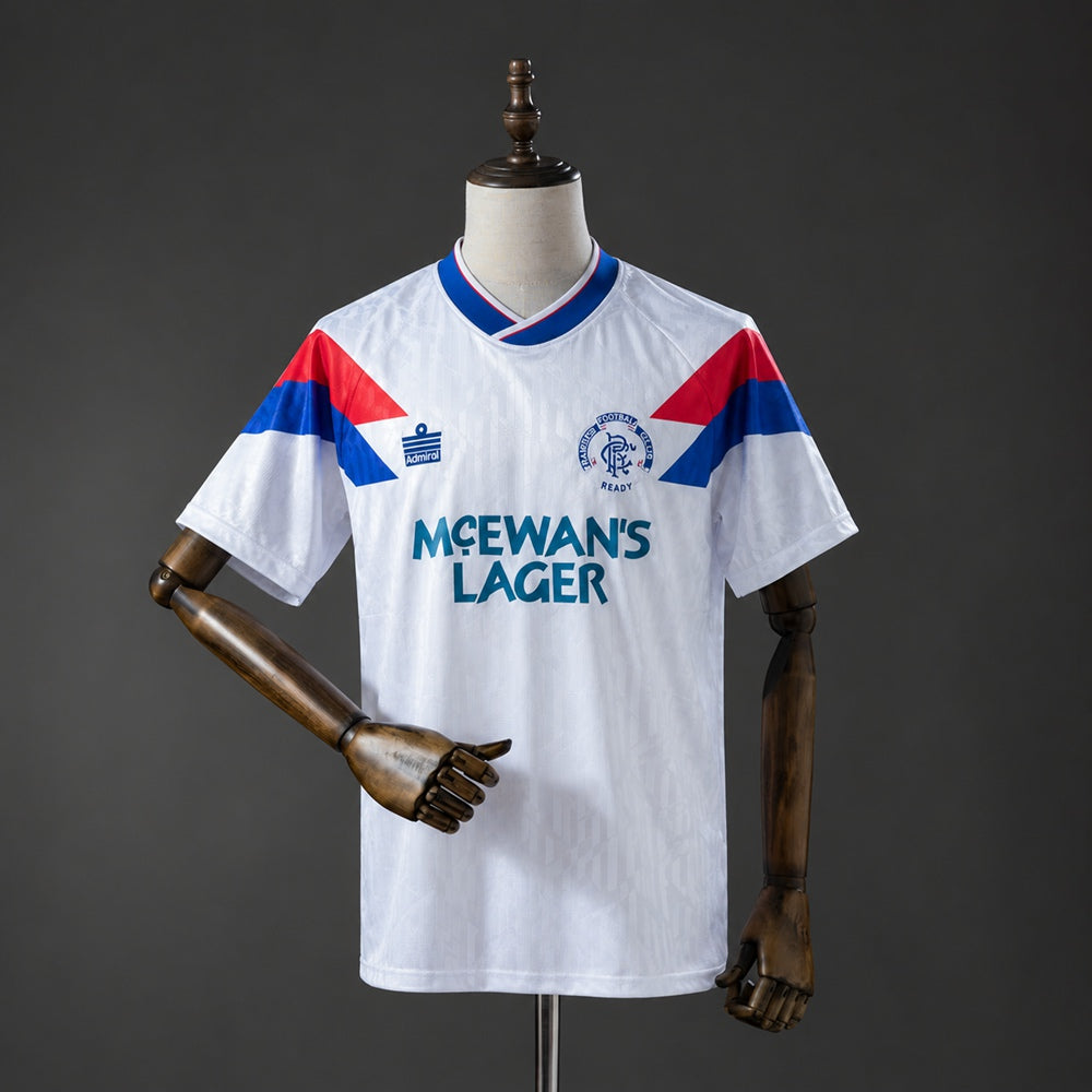 Camisola Rangers FC 1990-91 Alternativa Branca Versão Adepto