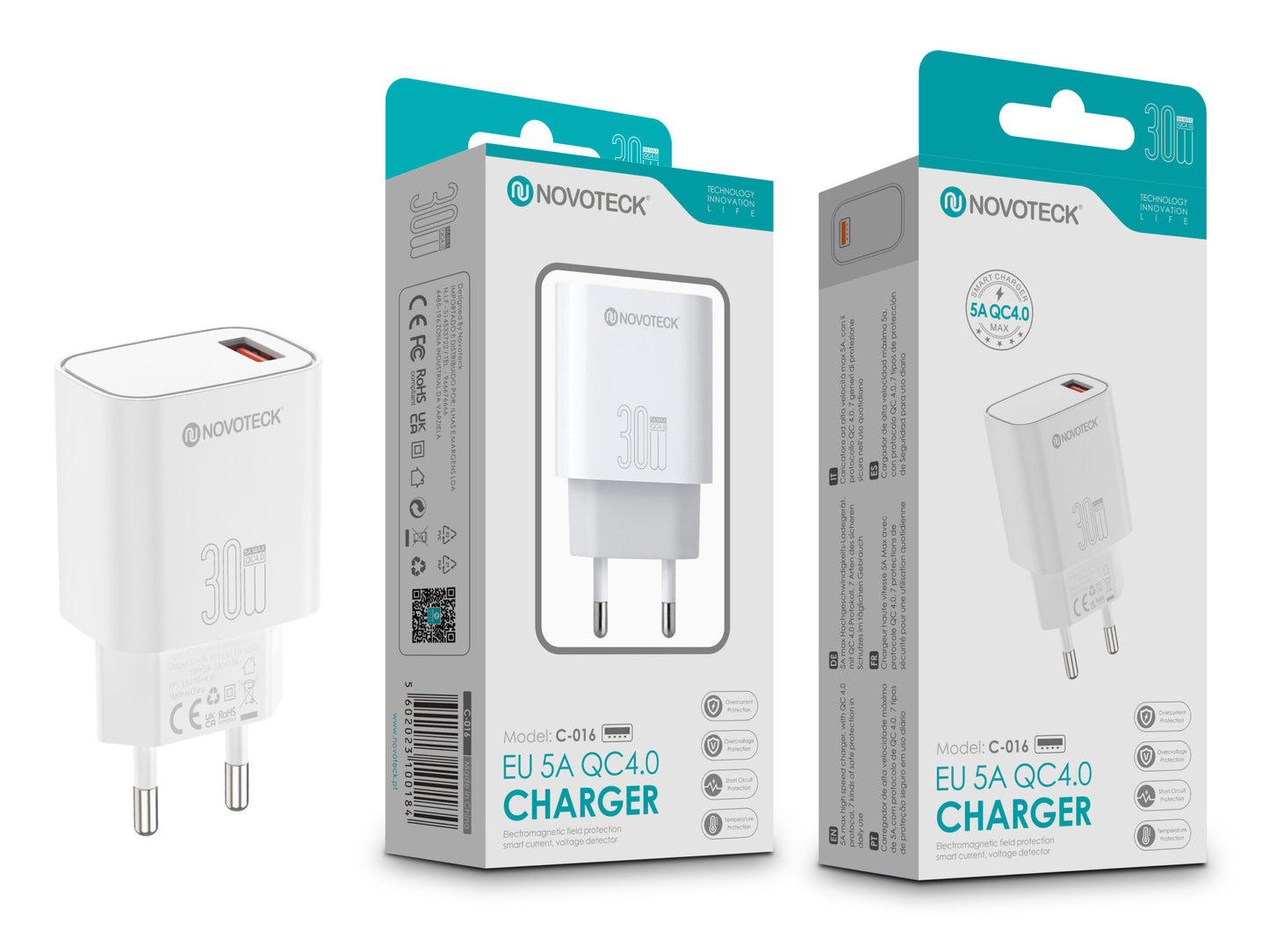 Carregador Rápido NOVOTECK C-016 QC4.0 30W – Carregamento Eficiente de 5A, Compacto e Seguro Branco (Entrega Imediata)