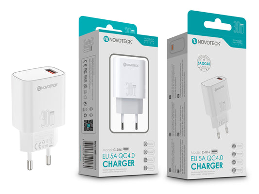 Carregador Rápido NOVOTECK C-016 QC4.0 30W – Carregamento Eficiente de 5A, Compacto e Seguro Branco (Entrega Imediata)