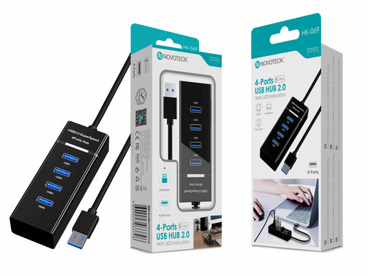 Hub USB 3.0 de 4 Portas NOVOTECK – Velocidade Suprema com Indicação LED HK-069 (Entrega Imediata)
