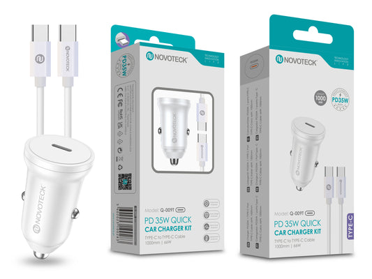 Kit Carregador Rápido para Carro NOVOTECK Q-009T PD 35W – Inclui Cabo Usb-C to Type-C de 1m, Carregamento Eficiente e Seguro (Entrega Imediata)