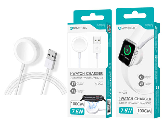 Carregador Magnético i-Watch Novoteck W-003 – Compatível com Séries 7/6/5/4/3, 7.5W, Cabo de 100cm (Entrega Imediata)