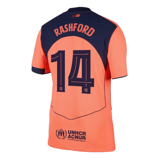 Camisola FC Barcelona 2025-26 Alternativa Laranja UCL Versão Adepto RASHFORD #14